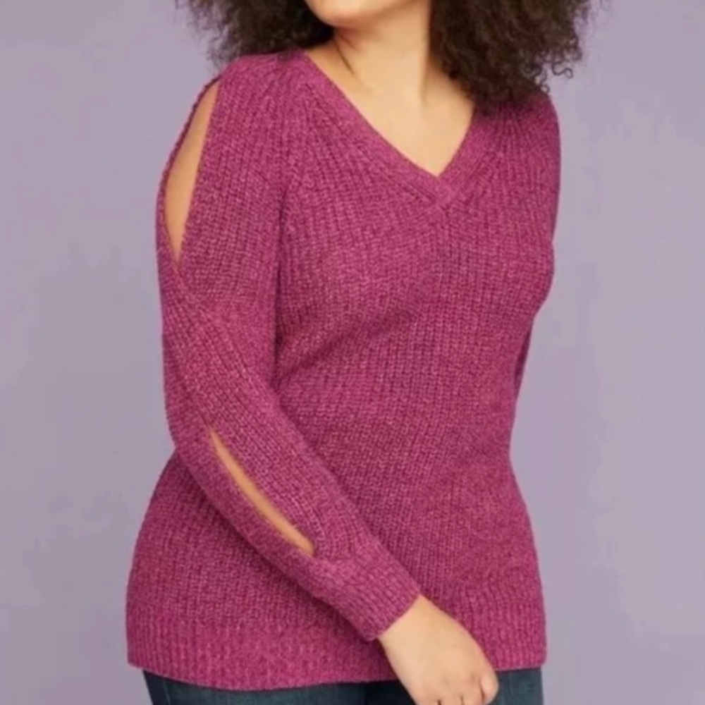 LANE BRYANT Cold Shoulder Cable Knit PURPLE Sweater Plus size 14/16.